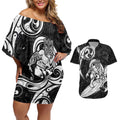 Personalised New Zealand Surfing Couples Matching Off Shoulder Short Dress and Hawaiian Shirt Aotearoa Maori Tiki Haka