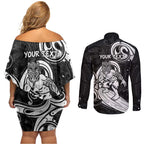Personalised New Zealand Surfing Couples Matching Off Shoulder Short Dress and Long Sleeve Button Shirt Aotearoa Maori Tiki Haka