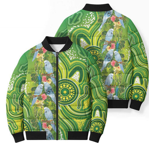 Budgerigar Australia Bomber Puffer Jacket Aussie Common Parakeet Indigenous Art - Aussie Hoodie