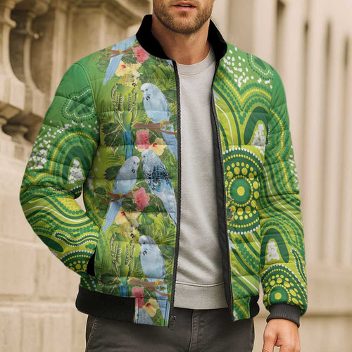Budgerigar Australia Bomber Puffer Jacket Aussie Common Parakeet Indigenous Art - Aussie Hoodie