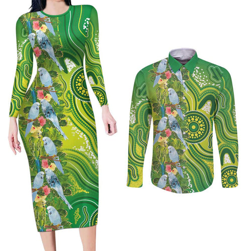 Budgerigar Australia Couples Matching Long Sleeve Bodycon Dress and Long Sleeve Button Shirt Aussie Common Parakeet Indigenous Art - Aussie Hoodie