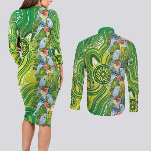 Budgerigar Australia Couples Matching Long Sleeve Bodycon Dress and Long Sleeve Button Shirt Aussie Common Parakeet Indigenous Art - Aussie Hoodie