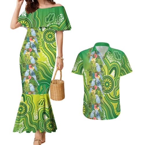Budgerigar Australia Couples Matching Mermaid Dress and Hawaiian Shirt Aussie Common Parakeet Indigenous Art - Aussie Hoodie