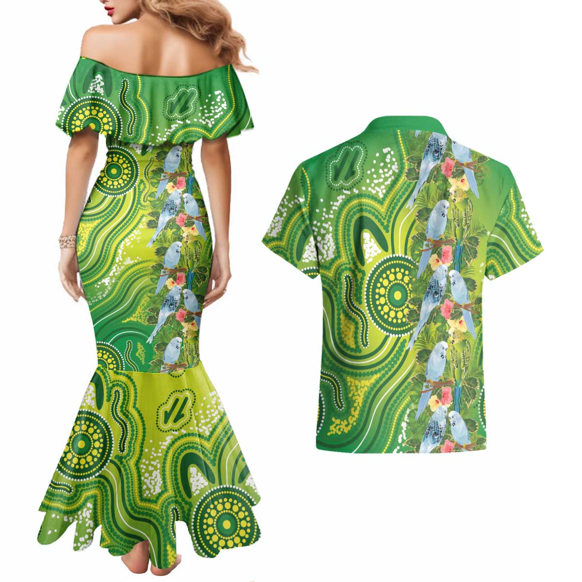 Budgerigar Australia Couples Matching Mermaid Dress and Hawaiian Shirt Aussie Common Parakeet Indigenous Art - Aussie Hoodie