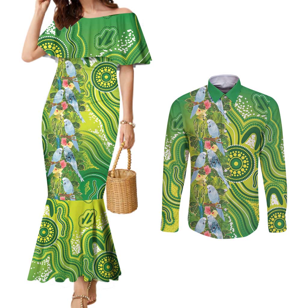 Budgerigar Australia Couples Matching Mermaid Dress and Long Sleeve Button Shirt Aussie Common Parakeet Indigenous Art - Aussie Hoodie
