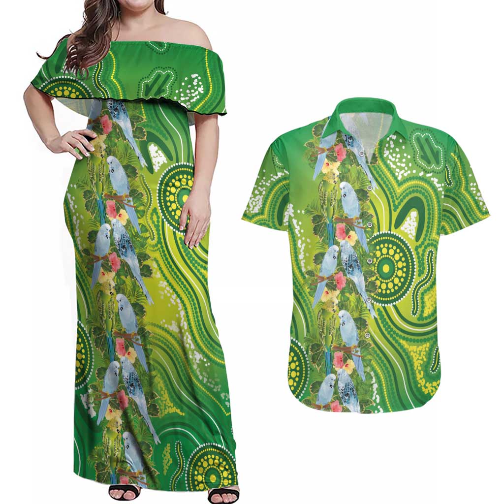 Budgerigar Australia Couples Matching Off Shoulder Maxi Dress and Hawaiian Shirt Aussie Common Parakeet Indigenous Art - Aussie Hoodie