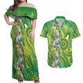 Budgerigar Australia Couples Matching Off Shoulder Maxi Dress and Hawaiian Shirt Aussie Common Parakeet Indigenous Art - Aussie Hoodie