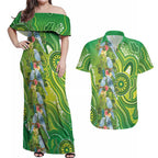 Budgerigar Australia Couples Matching Off Shoulder Maxi Dress and Hawaiian Shirt Aussie Common Parakeet Indigenous Art - Aussie Hoodie