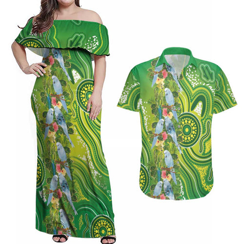 Budgerigar Australia Couples Matching Off Shoulder Maxi Dress and Hawaiian Shirt Aussie Common Parakeet Indigenous Art - Aussie Hoodie