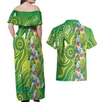 Budgerigar Australia Couples Matching Off Shoulder Maxi Dress and Hawaiian Shirt Aussie Common Parakeet Indigenous Art - Aussie Hoodie
