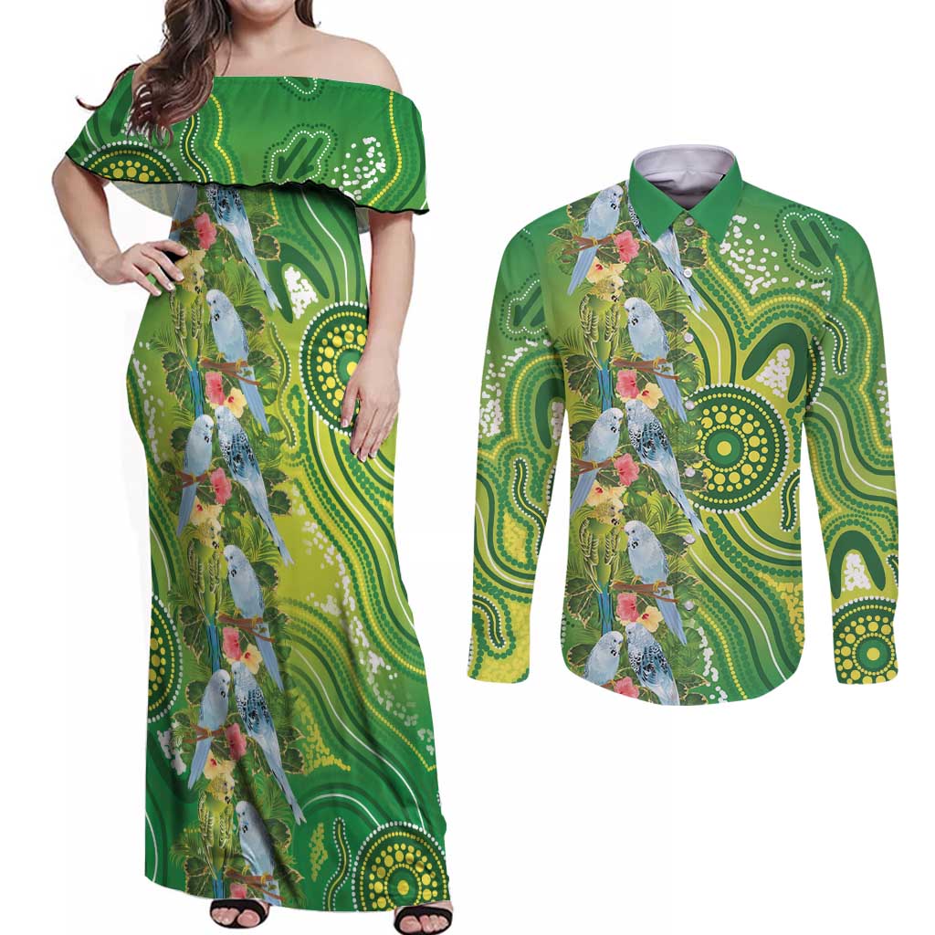 Budgerigar Australia Couples Matching Off Shoulder Maxi Dress and Long Sleeve Button Shirt Aussie Common Parakeet Indigenous Art - Aussie Hoodie