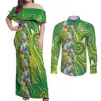 Budgerigar Australia Couples Matching Off Shoulder Maxi Dress and Long Sleeve Button Shirt Aussie Common Parakeet Indigenous Art - Aussie Hoodie