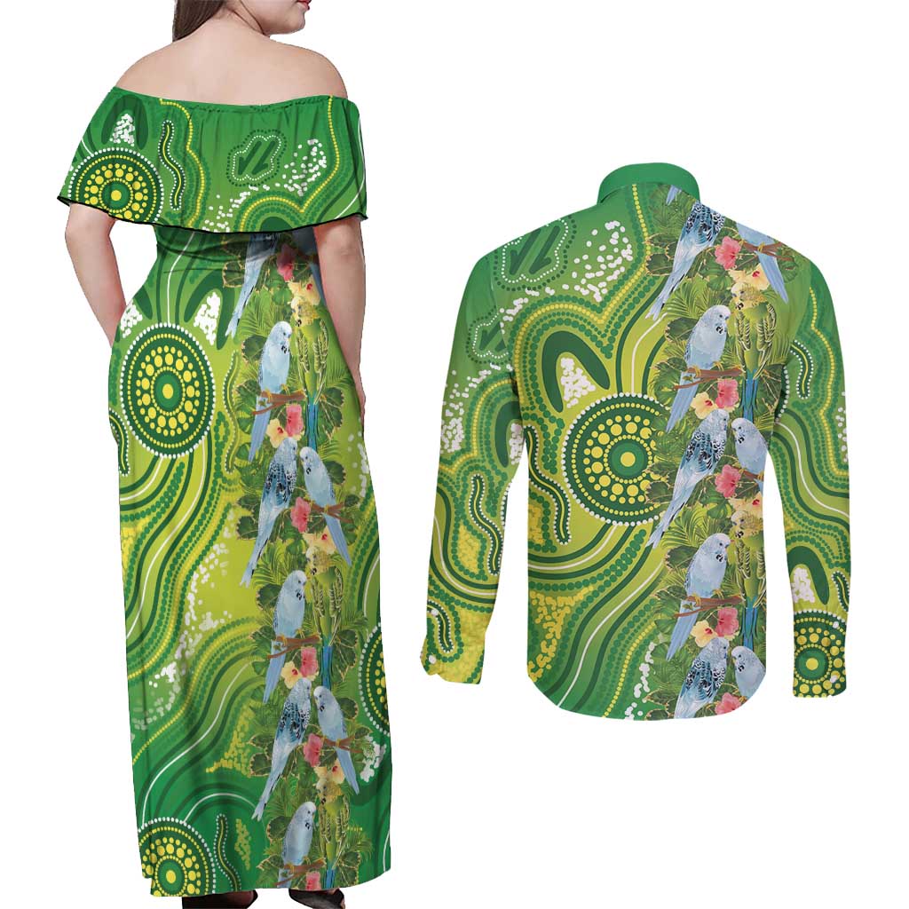 Budgerigar Australia Couples Matching Off Shoulder Maxi Dress and Long Sleeve Button Shirt Aussie Common Parakeet Indigenous Art - Aussie Hoodie