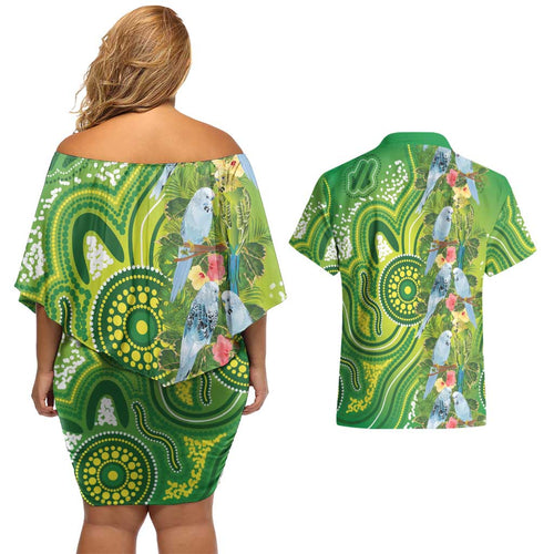 Budgerigar Australia Couples Matching Off Shoulder Short Dress and Hawaiian Shirt Aussie Common Parakeet Indigenous Art - Aussie Hoodie
