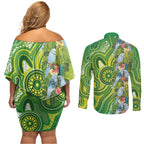 Budgerigar Australia Couples Matching Off Shoulder Short Dress and Long Sleeve Button Shirt Aussie Common Parakeet Indigenous Art - Aussie Hoodie