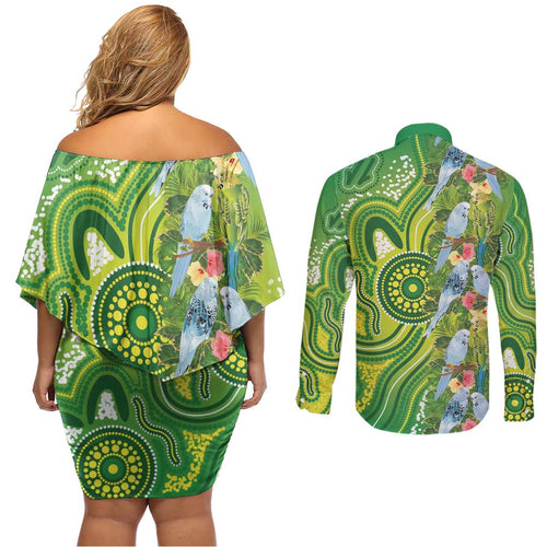 Budgerigar Australia Couples Matching Off Shoulder Short Dress and Long Sleeve Button Shirt Aussie Common Parakeet Indigenous Art - Aussie Hoodie