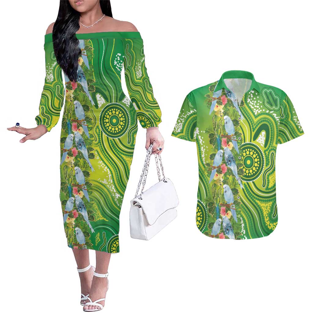 Budgerigar Australia Couples Matching Off The Shoulder Long Sleeve Dress and Hawaiian Shirt Aussie Common Parakeet Indigenous Art - Aussie Hoodie