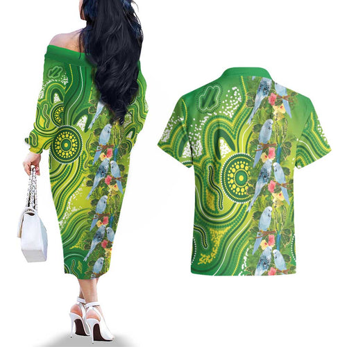 Budgerigar Australia Couples Matching Off The Shoulder Long Sleeve Dress and Hawaiian Shirt Aussie Common Parakeet Indigenous Art - Aussie Hoodie