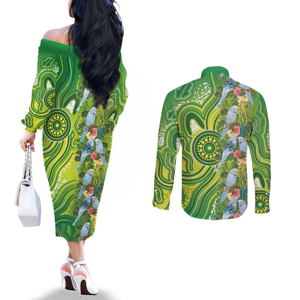 Budgerigar Australia Couples Matching Off The Shoulder Long Sleeve Dress and Long Sleeve Button Shirt Aussie Common Parakeet Indigenous Art - Aussie Hoodie