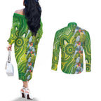 Budgerigar Australia Couples Matching Off The Shoulder Long Sleeve Dress and Long Sleeve Button Shirt Aussie Common Parakeet Indigenous Art - Aussie Hoodie