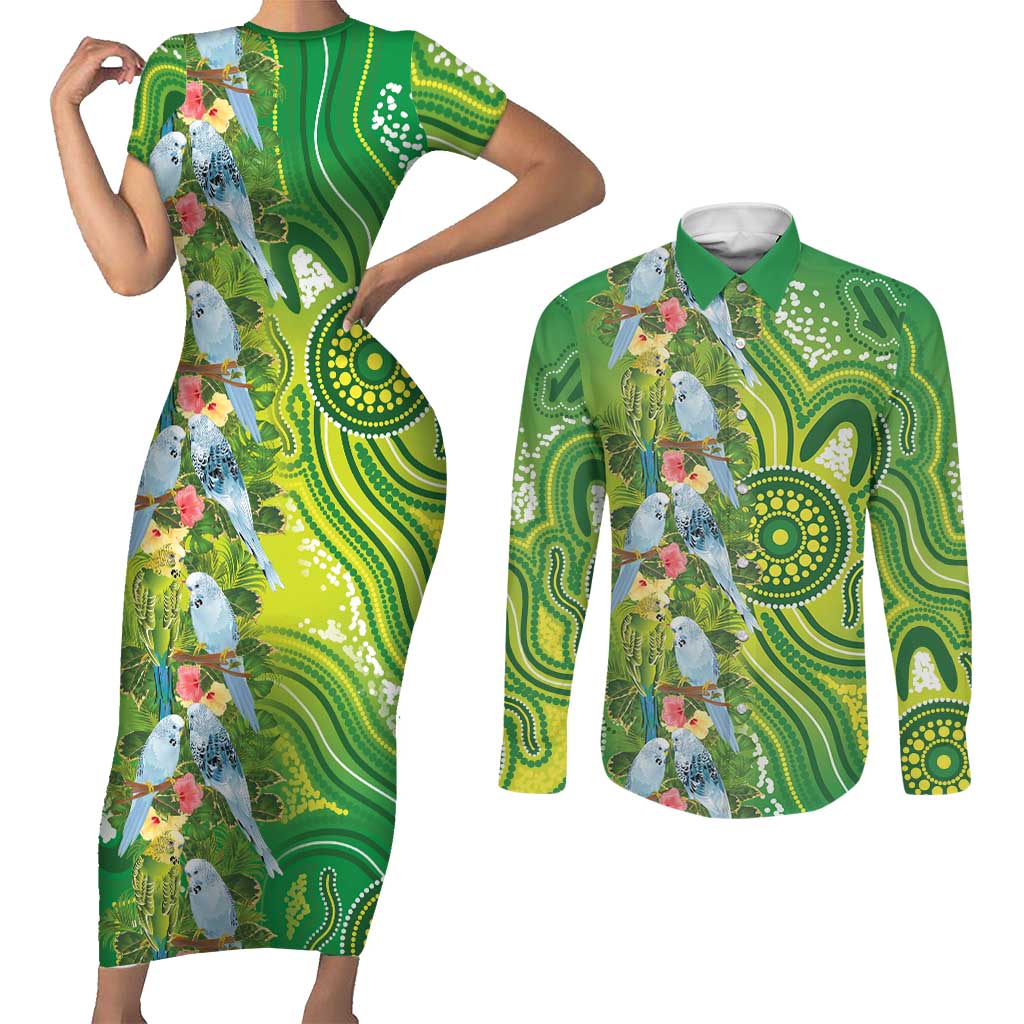 Budgerigar Australia Couples Matching Short Sleeve Bodycon Dress and Long Sleeve Button Shirt Aussie Common Parakeet Indigenous Art - Aussie Hoodie