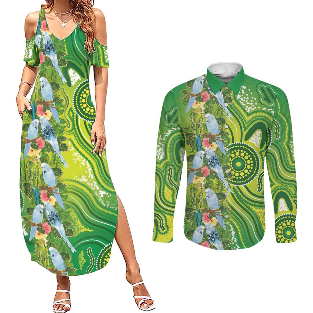 Budgerigar Australia Couples Matching Summer Maxi Dress and Long Sleeve Button Shirt Aussie Common Parakeet Indigenous Art - Aussie Hoodie