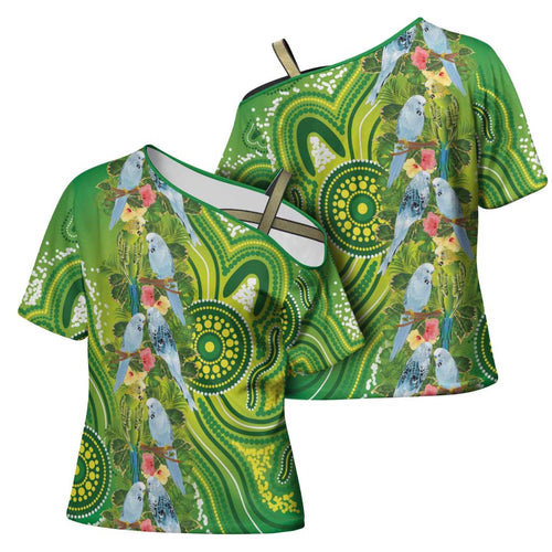 Budgerigar Australia Cross Shoulder Shirt Aussie Common Parakeet Indigenous Art - Aussie Hoodie