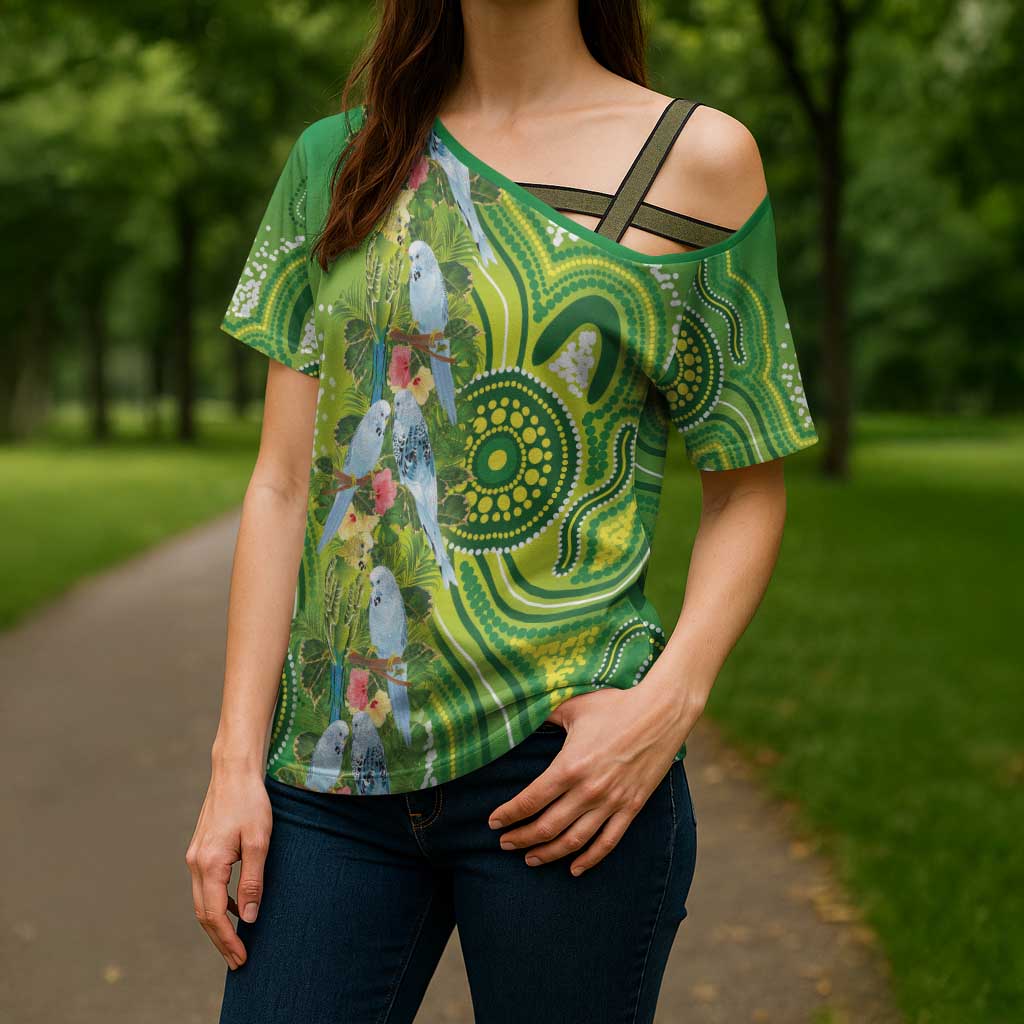 Budgerigar Australia Cross Shoulder Shirt Aussie Common Parakeet Indigenous Art - Aussie Hoodie
