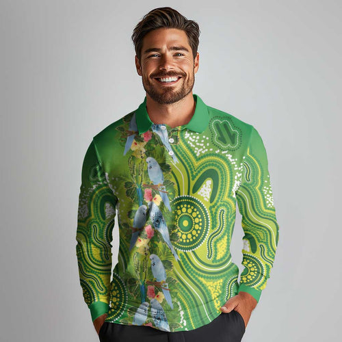Budgerigar Australia Long Sleeve Polo Shirt Aussie Common Parakeet Indigenous Art - Aussie Hoodie