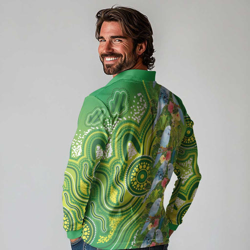Budgerigar Australia Long Sleeve Polo Shirt Aussie Common Parakeet Indigenous Art - Aussie Hoodie