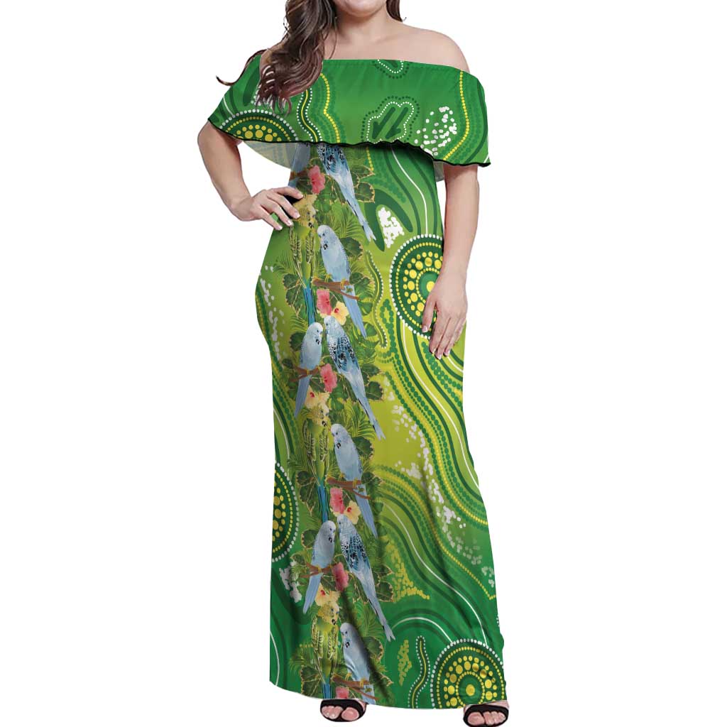 Budgerigar Australia Off Shoulder Maxi Dress Aussie Common Parakeet Indigenous Art - Aussie Hoodie