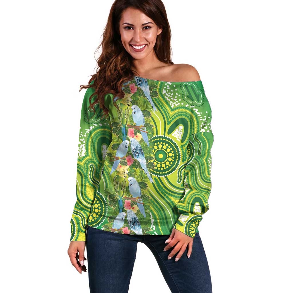 Budgerigar Australia Off Shoulder Sweater Aussie Common Parakeet Indigenous Art - Aussie Hoodie