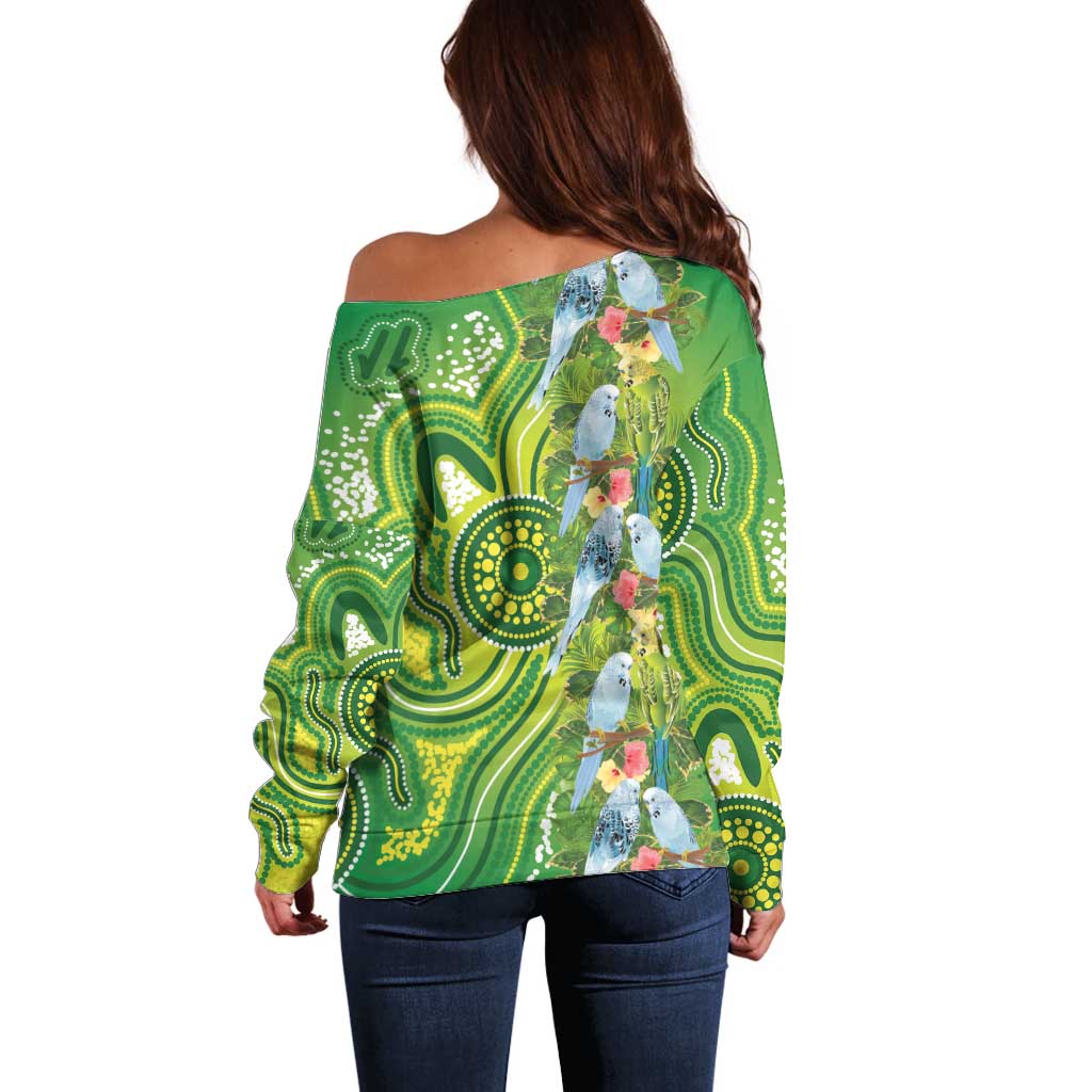 Budgerigar Australia Off Shoulder Sweater Aussie Common Parakeet Indigenous Art - Aussie Hoodie