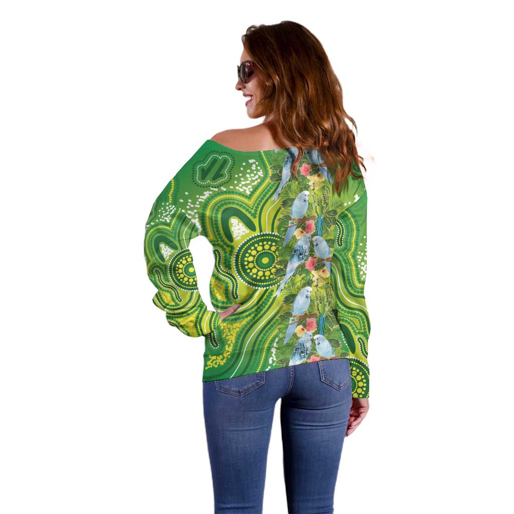 Budgerigar Australia Off Shoulder Sweater Aussie Common Parakeet Indigenous Art - Aussie Hoodie