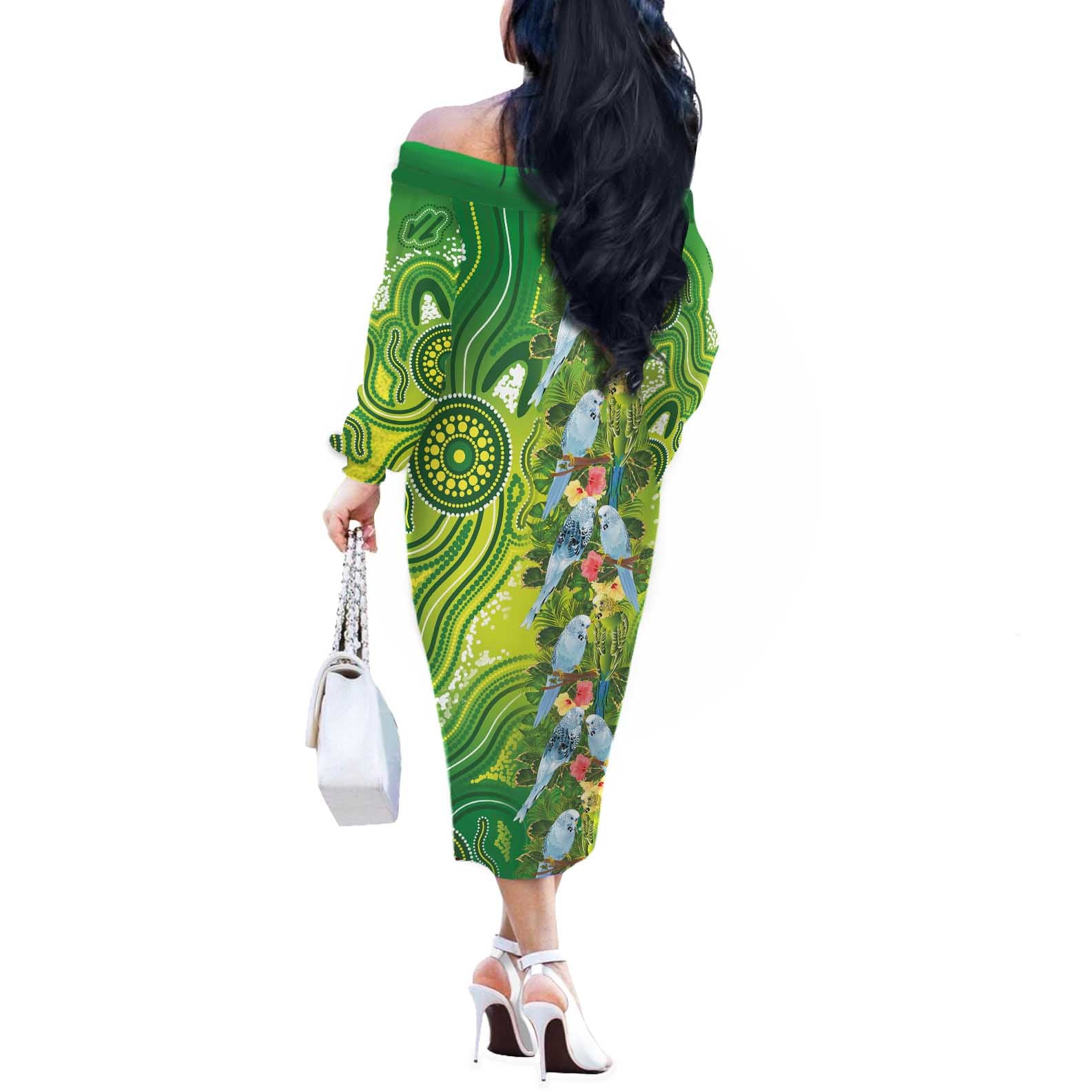 Budgerigar Australia Off The Shoulder Long Sleeve Dress Aussie Common Parakeet Indigenous Art - Aussie Hoodie