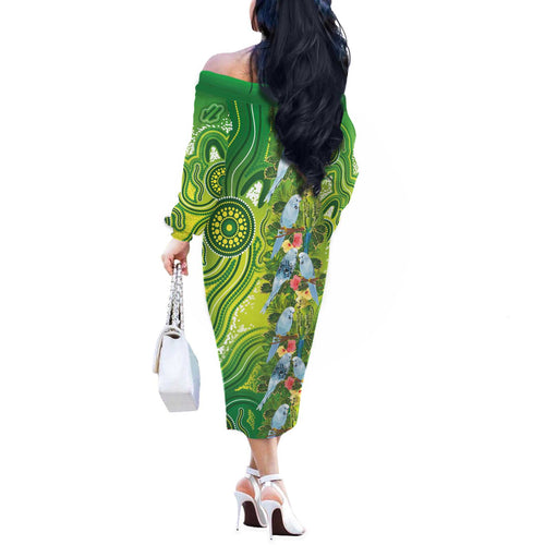 Budgerigar Australia Off The Shoulder Long Sleeve Dress Aussie Common Parakeet Indigenous Art - Aussie Hoodie