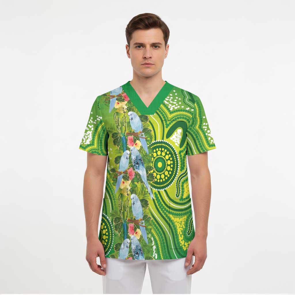 Budgerigar Australia Scrub Top Aussie Common Parakeet Indigenous Art - Aussie Hoodie