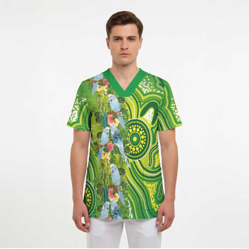 Budgerigar Australia Scrub Top Aussie Common Parakeet Indigenous Art - Aussie Hoodie