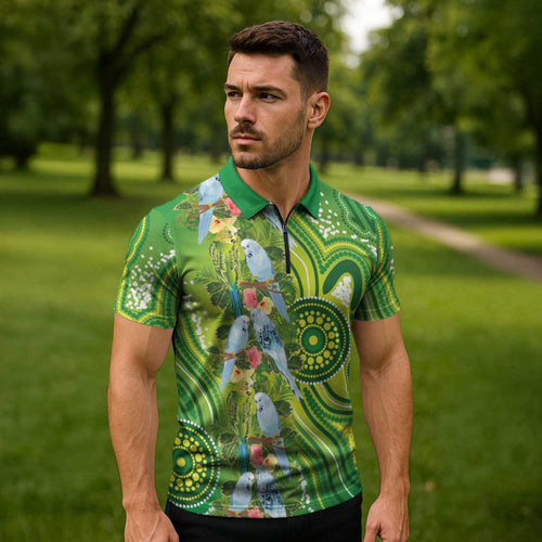Budgerigar Australia Zipper Polo Shirt Aussie Common Parakeet Indigenous Art - Aussie Hoodie