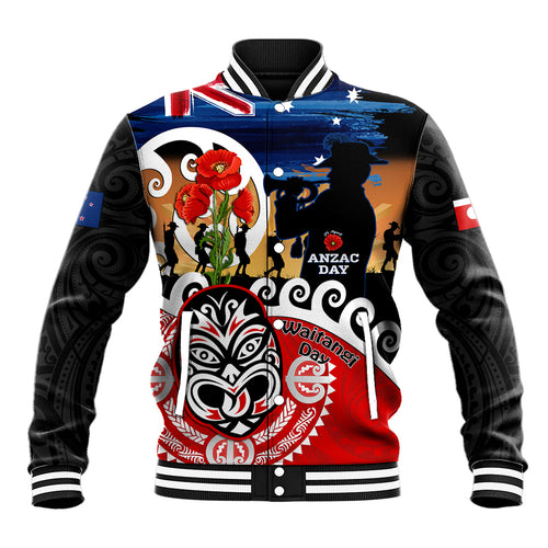 New Zealand Waitangi And ANZAC Day Baseball Jacket Aotearoa Maori Tiki With Last Post