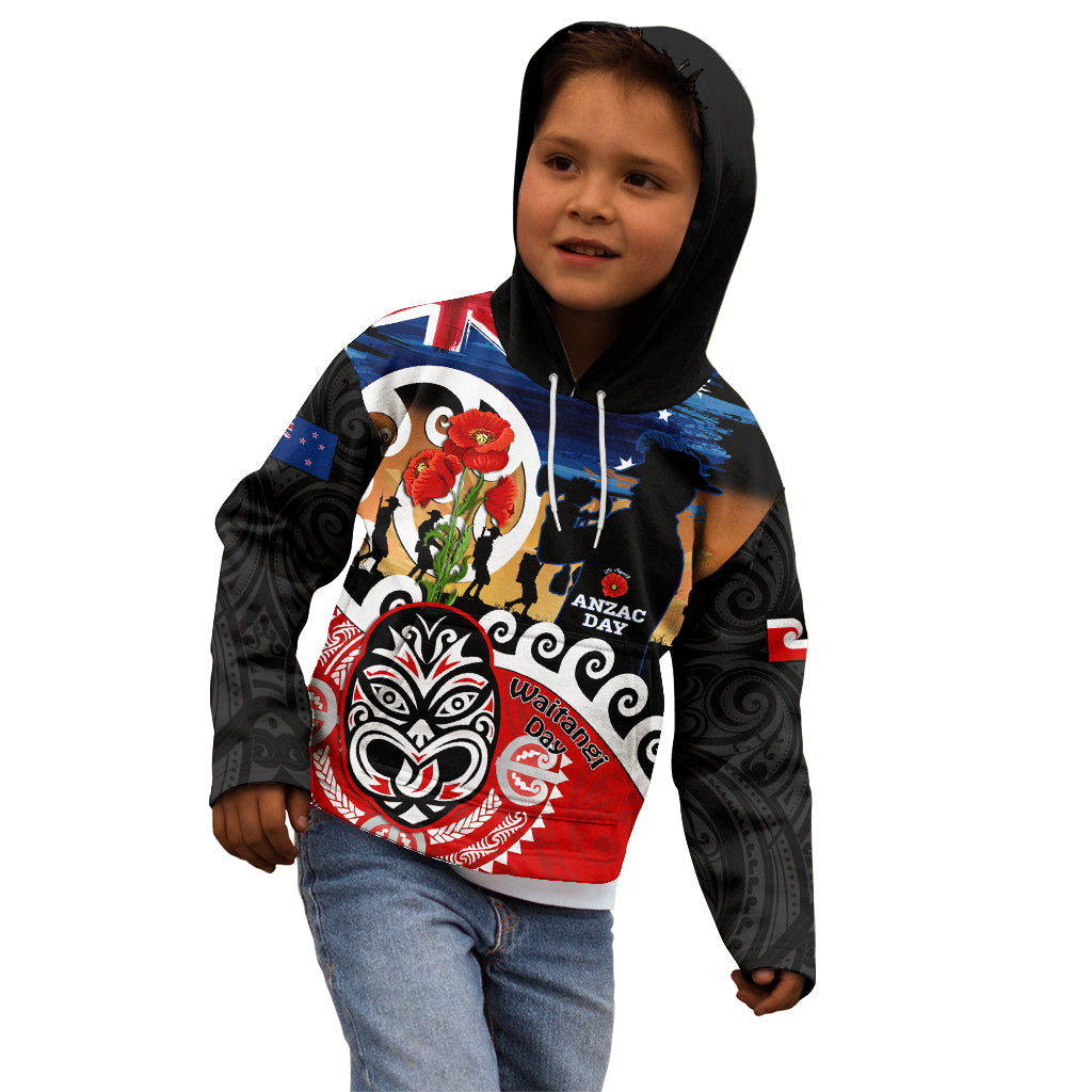 New Zealand Waitangi And ANZAC Day Kid Hoodie Aotearoa Maori Tiki With Last Post