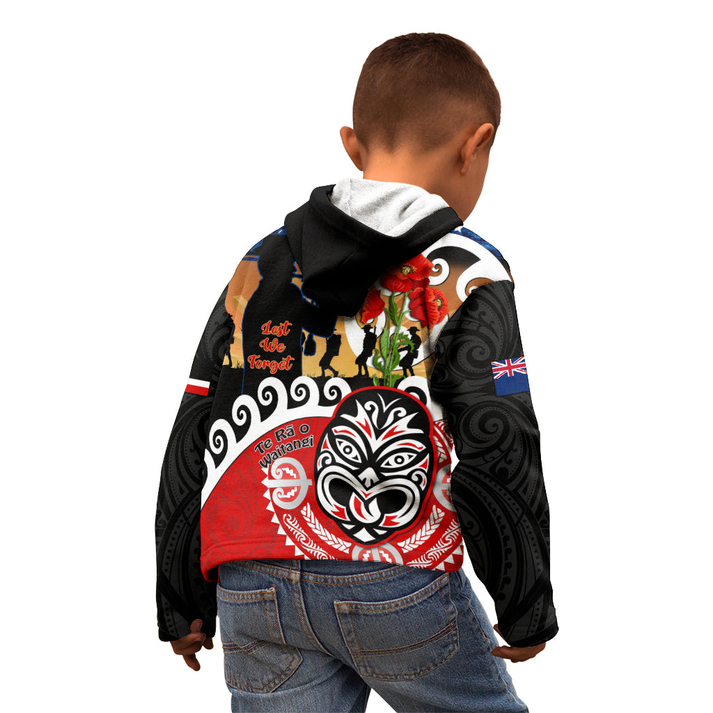 New Zealand Waitangi And ANZAC Day Kid Hoodie Aotearoa Maori Tiki With Last Post