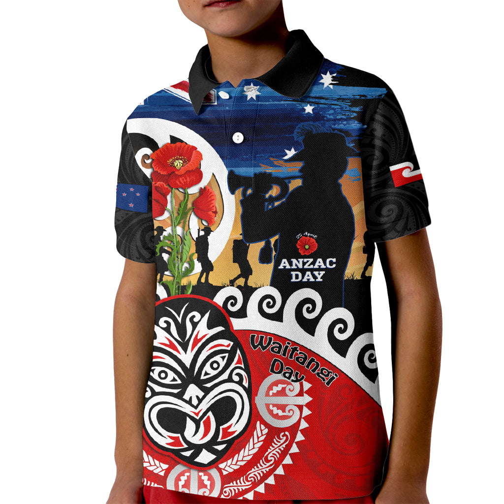 New Zealand Waitangi And ANZAC Day Kid Polo Shirt Aotearoa Maori Tiki With Last Post
