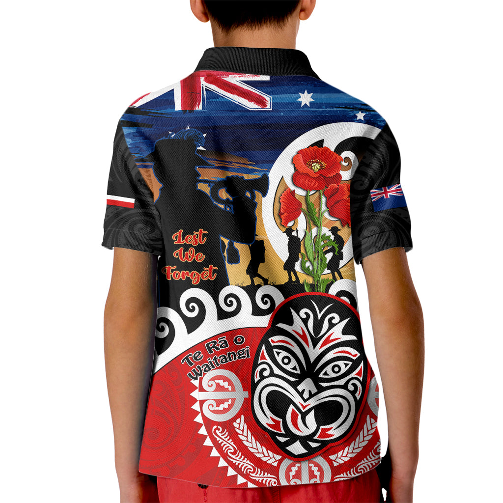 New Zealand Waitangi And ANZAC Day Kid Polo Shirt Aotearoa Maori Tiki With Last Post