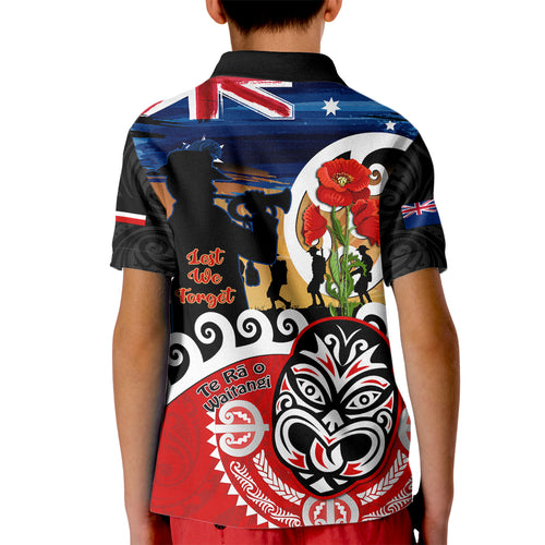 New Zealand Waitangi And ANZAC Day Kid Polo Shirt Aotearoa Maori Tiki With Last Post