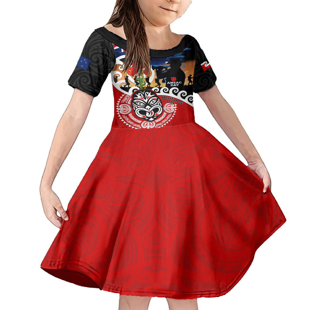 New Zealand Waitangi And ANZAC Day Kid Short Sleeve Dress Aotearoa Maori Tiki With Last Post