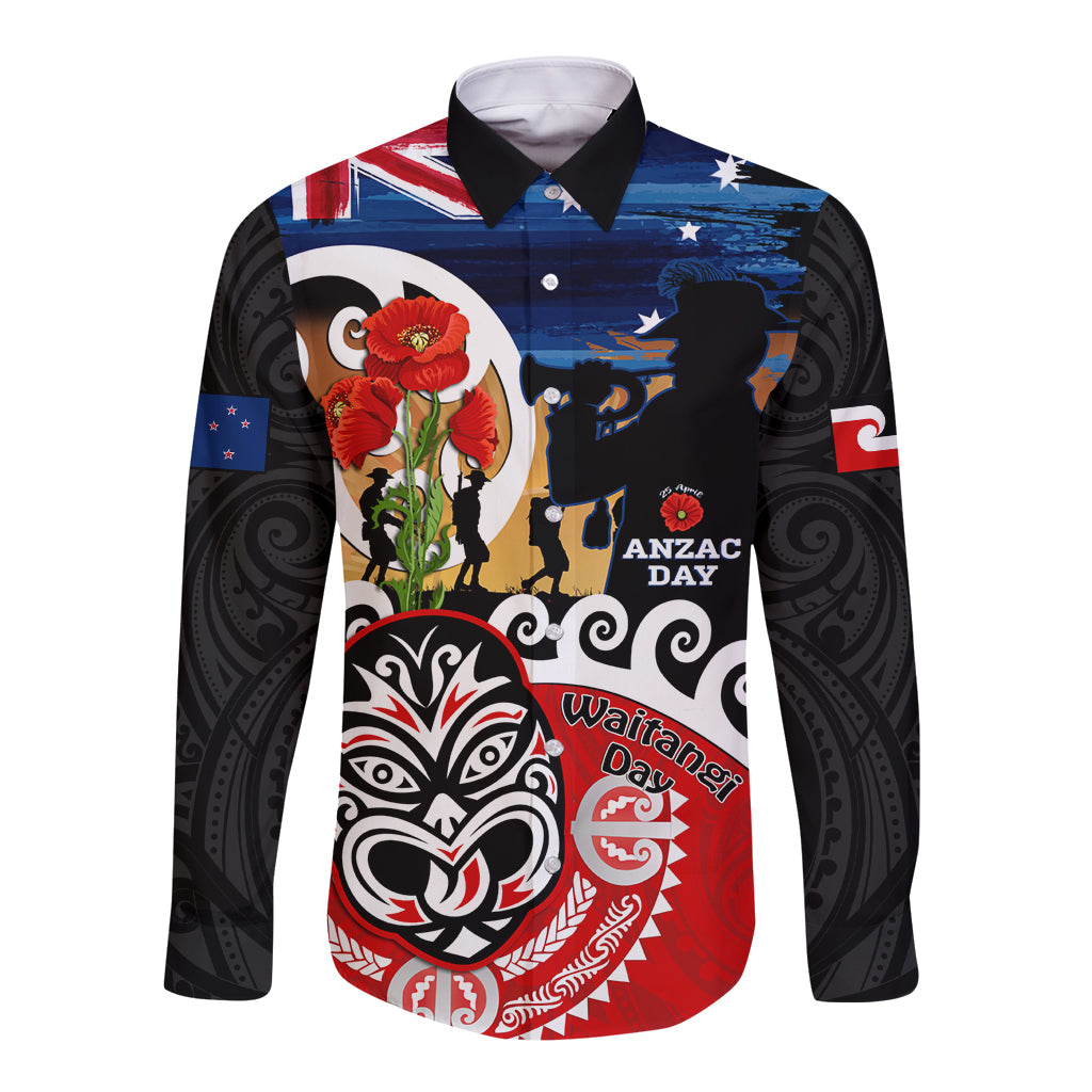 New Zealand Waitangi And ANZAC Day Long Sleeve Button Shirt Aotearoa Maori Tiki With Last Post