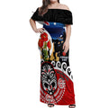 New Zealand Waitangi And ANZAC Day Off Shoulder Maxi Dress Aotearoa Maori Tiki With Last Post