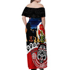 New Zealand Waitangi And ANZAC Day Off Shoulder Maxi Dress Aotearoa Maori Tiki With Last Post