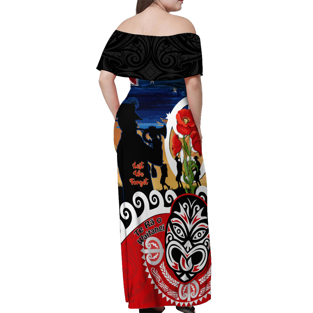 New Zealand Waitangi And ANZAC Day Off Shoulder Maxi Dress Aotearoa Maori Tiki With Last Post
